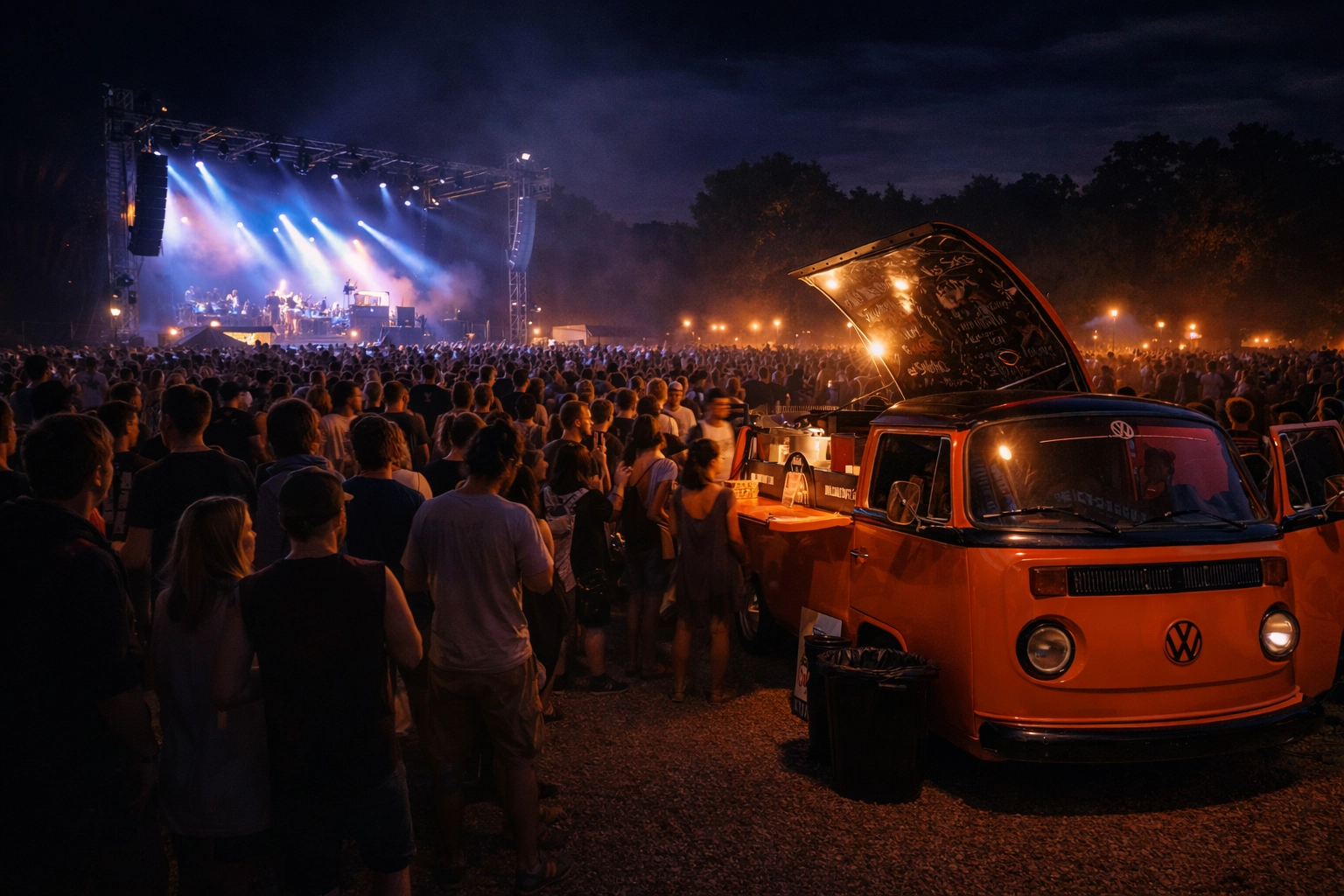 Food truck Combi VW lors d'un festival nocturne